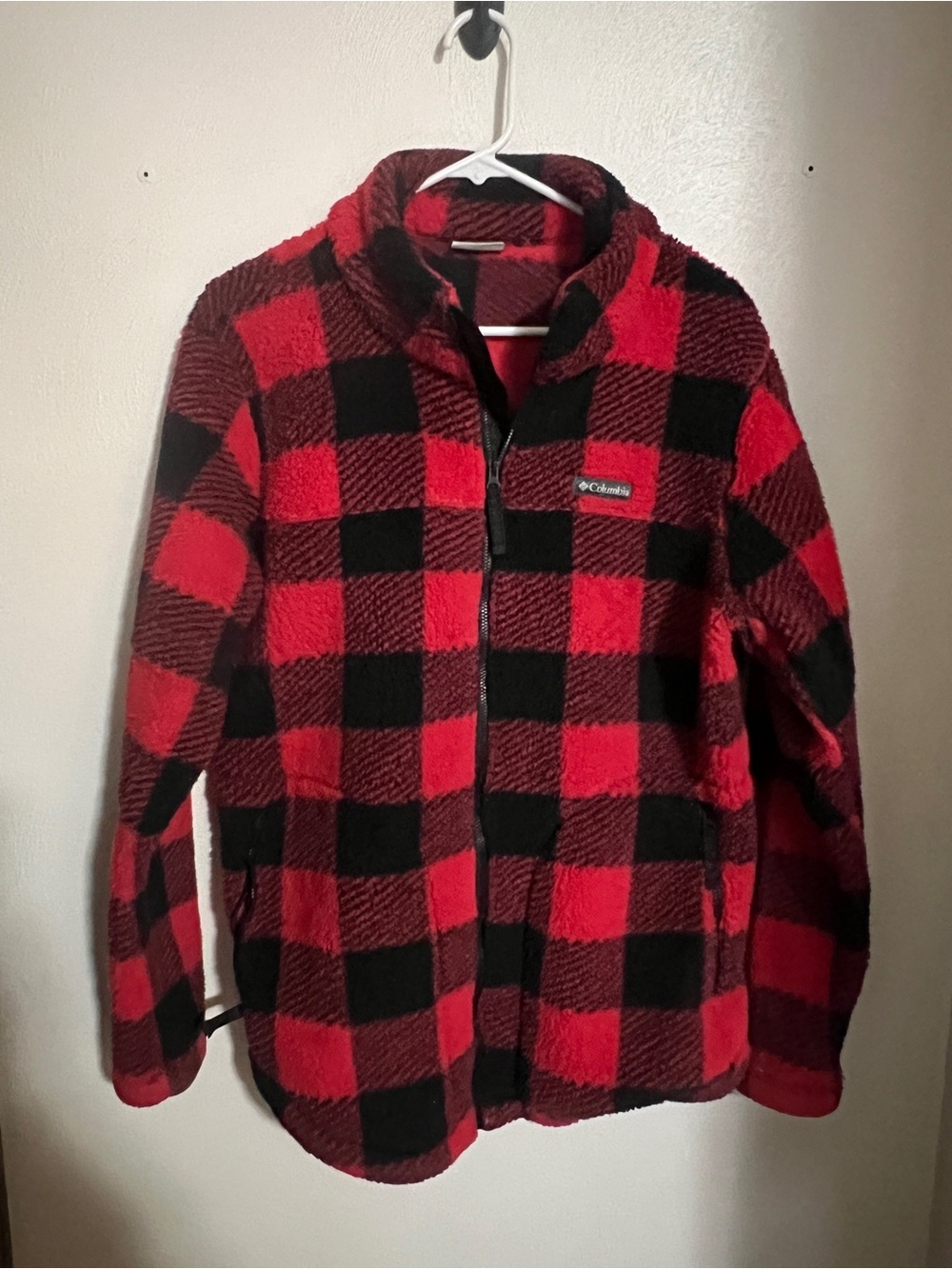 COLUMBIA Classic Sherpa Fleece Buffalo Check Full Zip Jacket Red Black Wms Sz XL